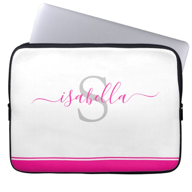 Simple Modern Stylish Monogrammed Elegant Hot Pink Laptop Sleeve (Front)
