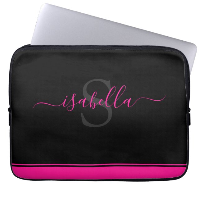 Simple Modern Stylish Monogrammed Hot Pink Black Laptop Sleeve (Front)