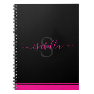 Simple Modern Stylish Monogrammed Hot Pink Black Notebook