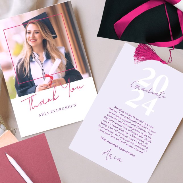 Simple Modern Stylish Script Pink Photo Graduation Thank You Card (Creator Uploaded)