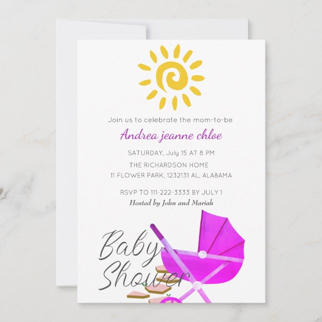 Simple Modern Sunshine pink stroller Baby Shower Invitation (Front)