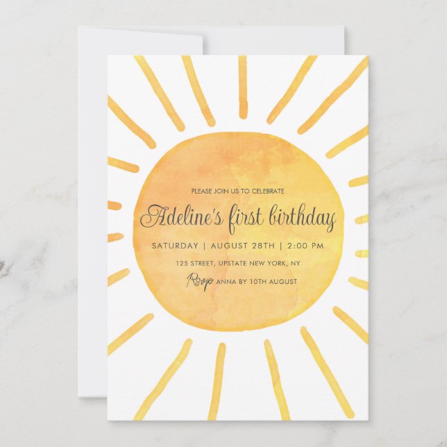Simple Modern Sunshine Watercolor Girl Birthday Invitation (Front)