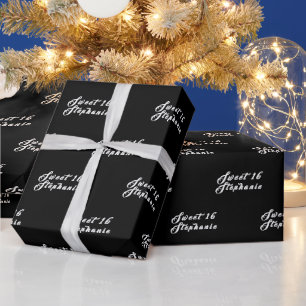 Simple Modern Sweet 16 Name Black Sixteen Name Wrapping Paper
