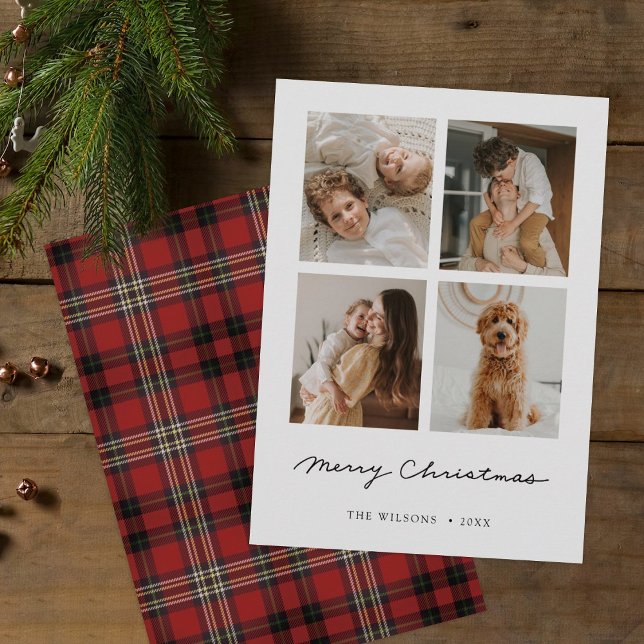 Simple Modern Tartan Merry Christmas Multi Photo Holiday Card (Creator Uploaded)