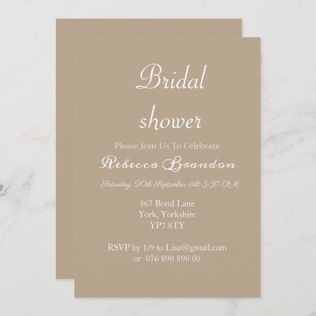 Simple Modern Taupe Script Bridal Shower  Invitation (Front/Back)