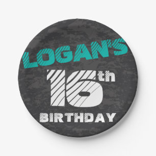Simple Modern Teal & Black Teen Boy Birthday Paper Plate