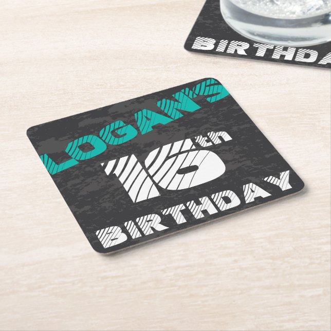 Simple Modern Teal & Black Teen Boy Birthday Square Paper Coaster (Angled)