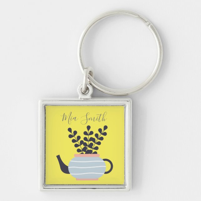 Simple modern teapot with plant pastel key ring (Front)