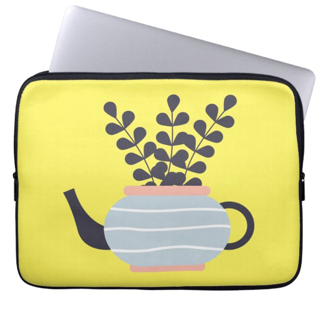 Simple modern teapot with plant pastel laptop sleeve (Front)