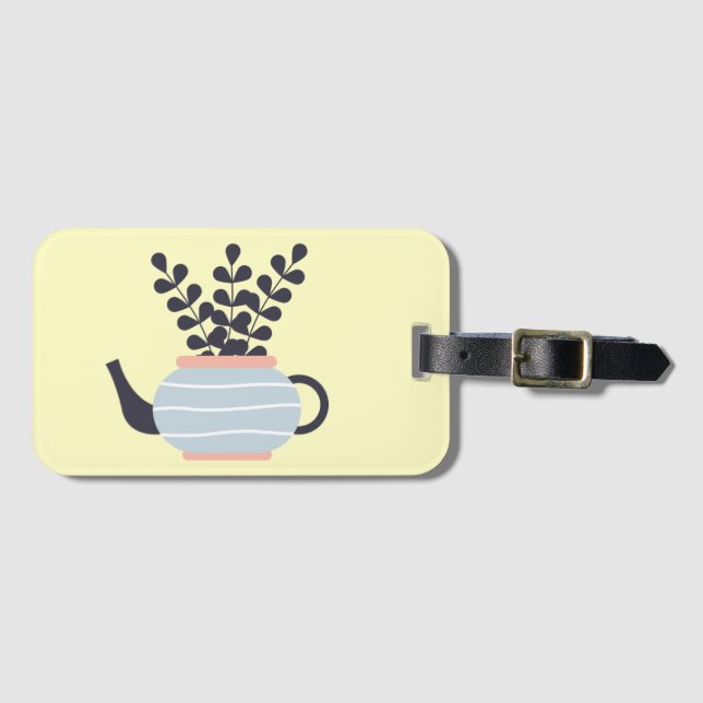 Simple modern teapot with plant pastel luggage tag (Front Horizontal)