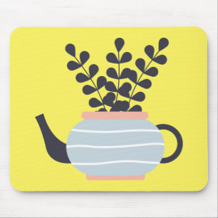 Simple modern teapot with plant pastel mouse mat