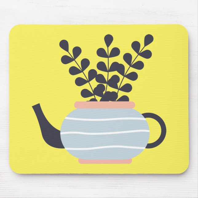 Simple modern teapot with plant pastel mouse mat (Front)