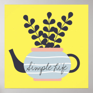 Simple modern teapot with plant pastel poster