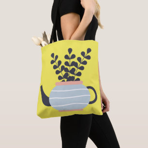 Simple modern teapot with plant pastel tote bag
