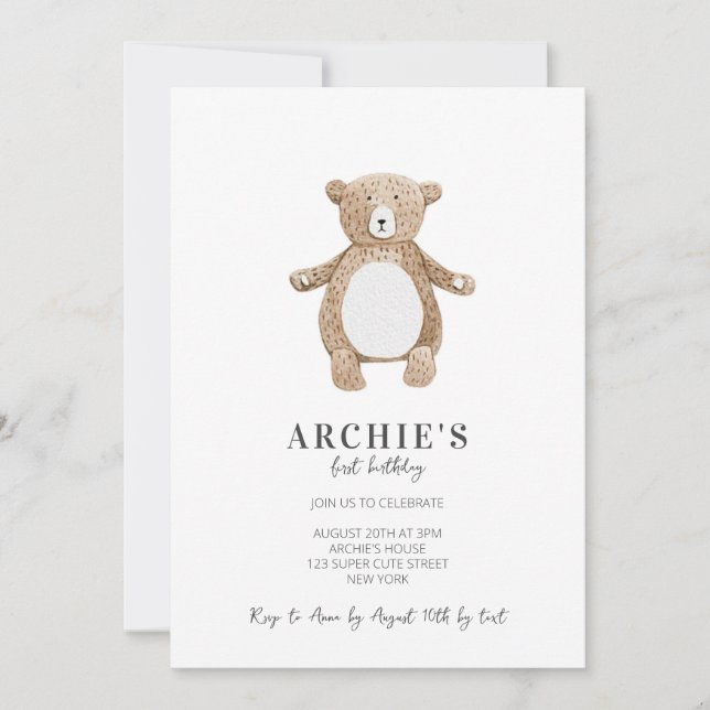 Simple Modern Teddy Bear 1st Birthday Watercolor  Invitation (Front)