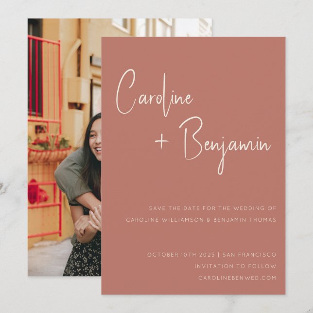 Simple Modern Terracotta Rose Script Photo Wedding Save The Date (Front/Back)