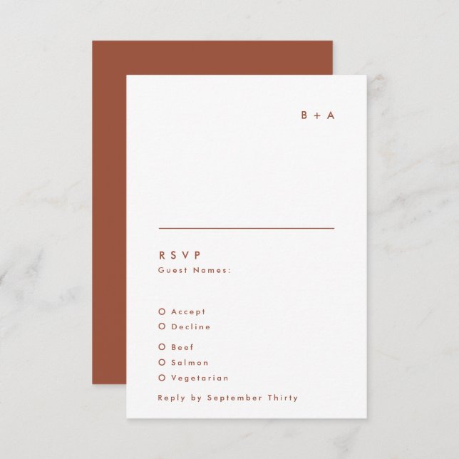 Simple Modern Terracotta White Monogram Wedding RSVP Card (Front/Back)