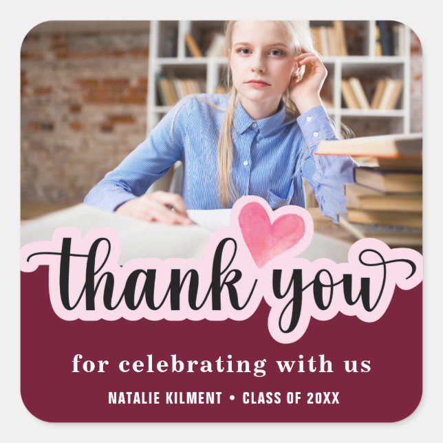 Simple Modern Thank You Photo Graduation Classic  Square Sticker (Front)