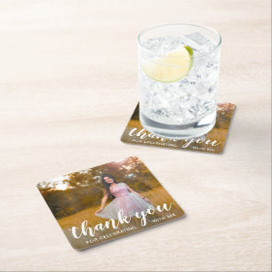 Simple Modern Thank You Photo Graduation Square Paper Coaster