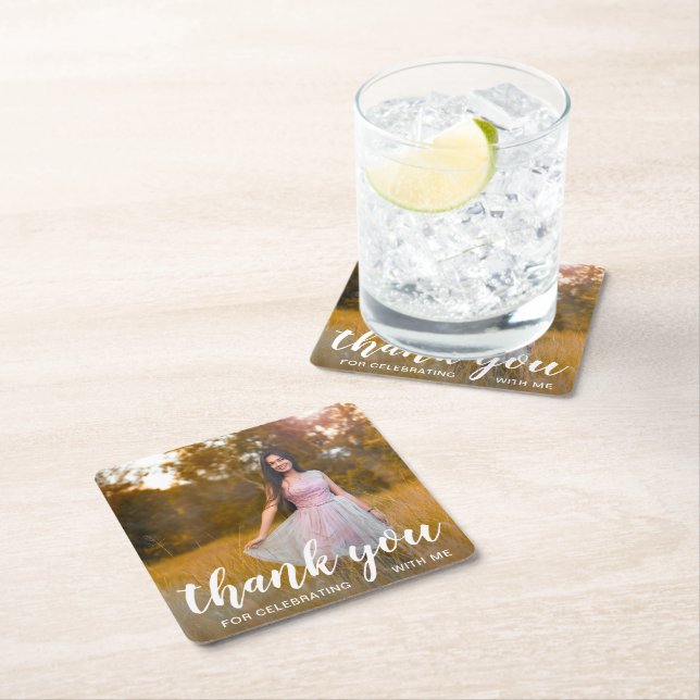 Simple Modern Thank You Photo Graduation Square Paper Coaster (Insitu)