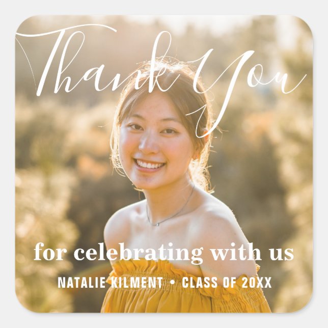 Simple Modern Thank You Photo Graduation Square Sticker (Front)