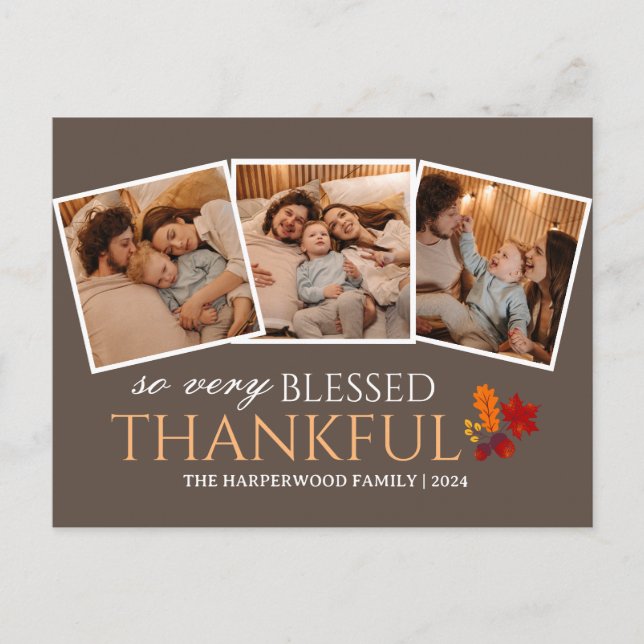 Simple Modern thanksgiving family photo collage Holiday Postcard (Front)