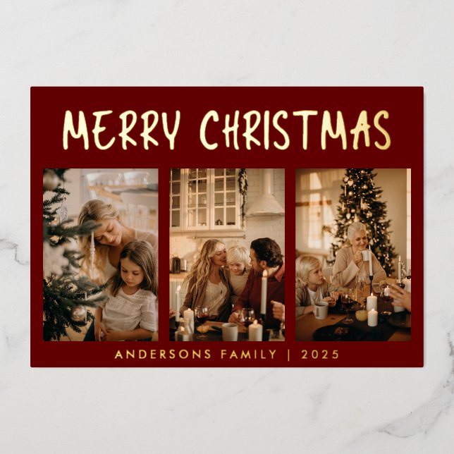 Simple Modern Three Photo Red Merry Christmas Foil Holiday Card (Front)