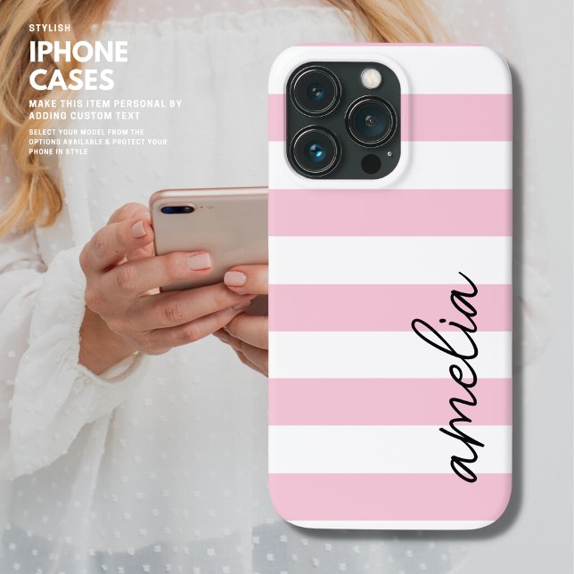 Simple Modern Trendy Monogrammed Pink Stripe  Case-Mate iPhone Case (Creator Uploaded)
