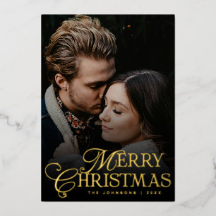 Simple Modern Typography 1 Photo Gold Christmas Foil Holiday Card