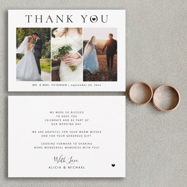 Simple modern typography 3 photos wedding  thank you card (Creator Uploaded)