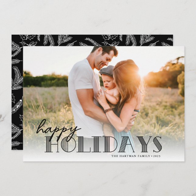 Simple Modern Typography Black Happy Photo Holiday Card (Front/Back)