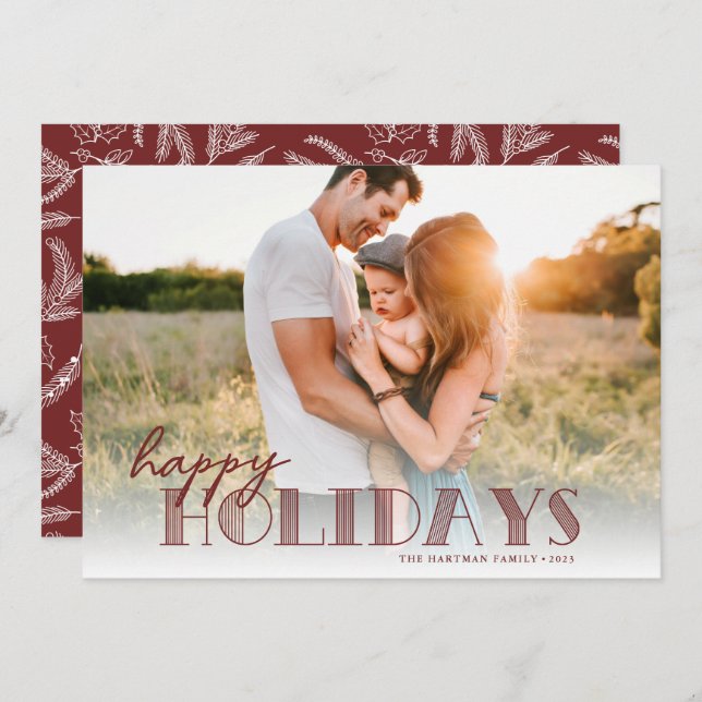 Simple Modern Typography Burgundy Happy Photo Holiday Card (Front/Back)