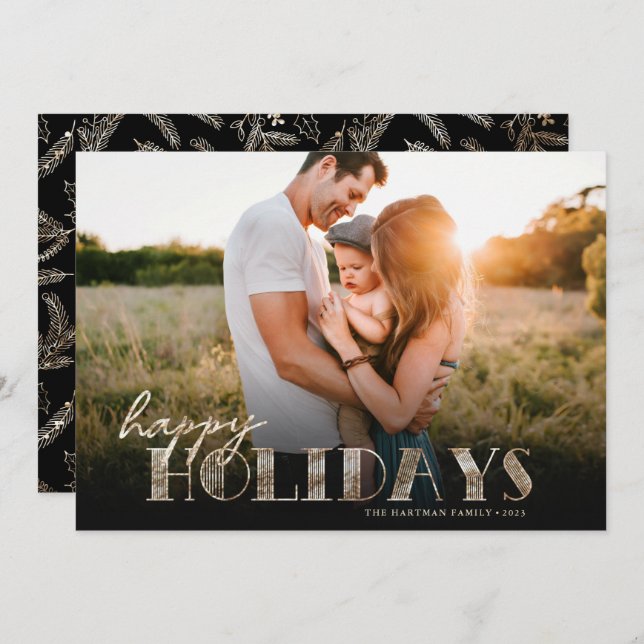 Simple Modern Typography Gold Happy Photo Holiday Card (Front/Back)