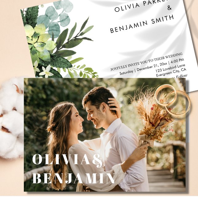 Simple Modern Typography Photo Greenery Wedding Invitation (Simple Modern Typography Photo Greenery Wedding Invitation)