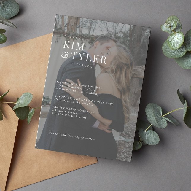 Simple modern typography photo overlay wedding invitation (Creator Uploaded)