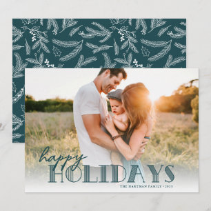 Simple Modern Typography Teal Happy Photo Holiday Card