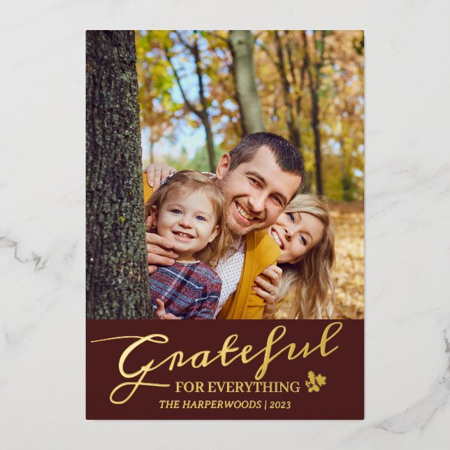 Simple Modern Typography thanksgiving family photo Foil Holiday Card (Front)