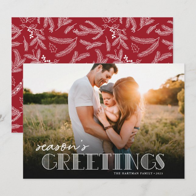 Simple Modern Typography White Greetings Photo Holiday Card (Front/Back)