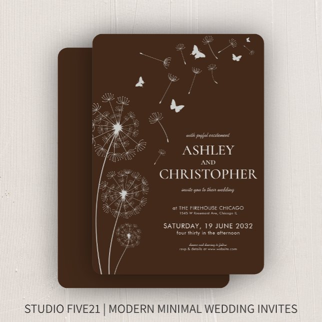 Simple Modern Walnut Brown Dandelion Wedding Invitation (Creator Uploaded)