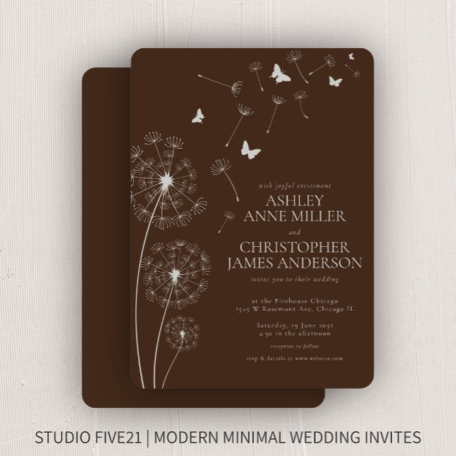 Simple Modern Walnut Brown Dandelion Wedding Invitation (Creator Uploaded)