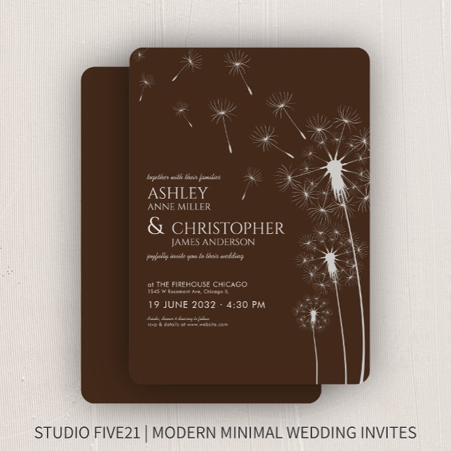 Simple Modern Walnut Brown Dandelion Wedding Invitation (Creator Uploaded)