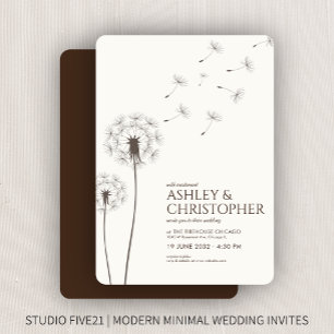 Simple Modern Walnut Brown Dandelion Wedding Invitation