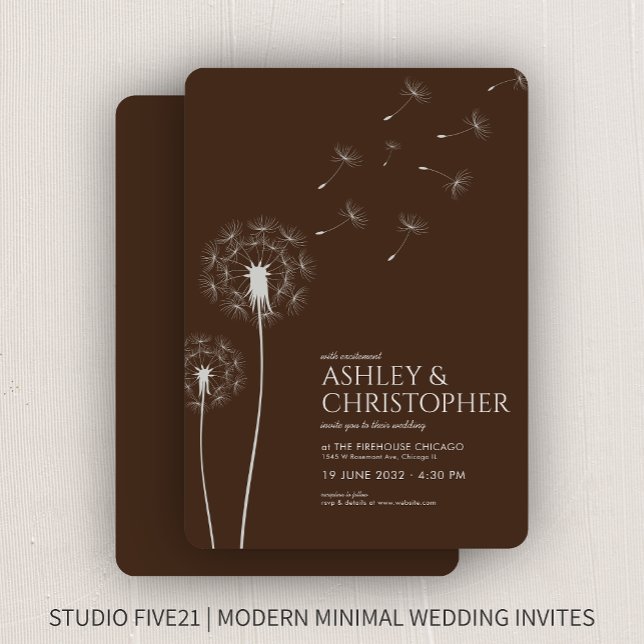 Simple Modern Walnut Brown Dandelion Wedding Invitation (Creator Uploaded)