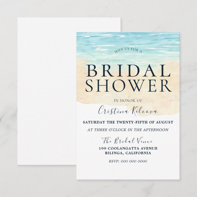 Simple Modern Watercolor Beach Bridal Shower Invitation (Front/Back)