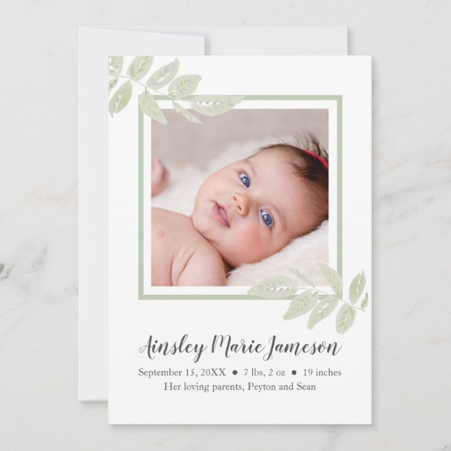 Simple Modern Watercolor Botanical Baby Girl Birth Announcement (Front)