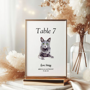 Simple Modern Watercolor Cat Wedding  Table Number