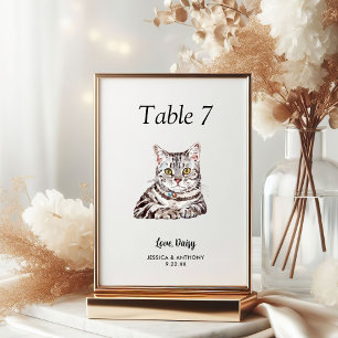 Simple Modern Watercolor Cat Wedding  Table Number
