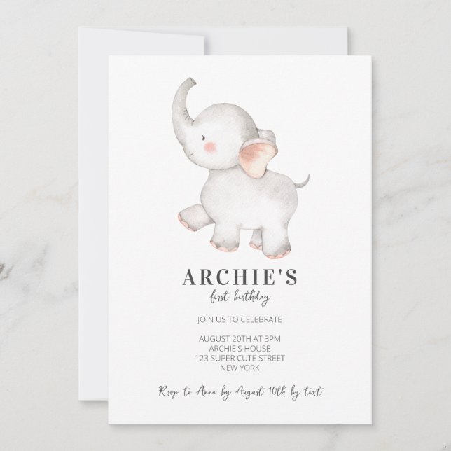 Simple Modern Watercolor Elephant 1st Birthday Invitation (Front)