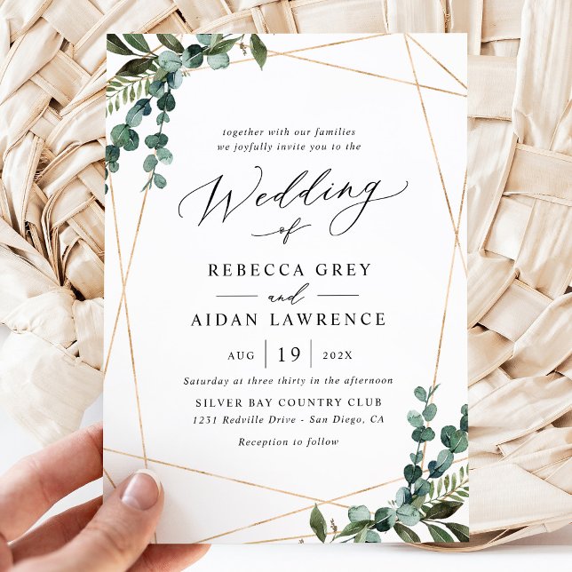 Simple Modern Watercolor Greenery Gold Wedding Invitation (Creator Uploaded)