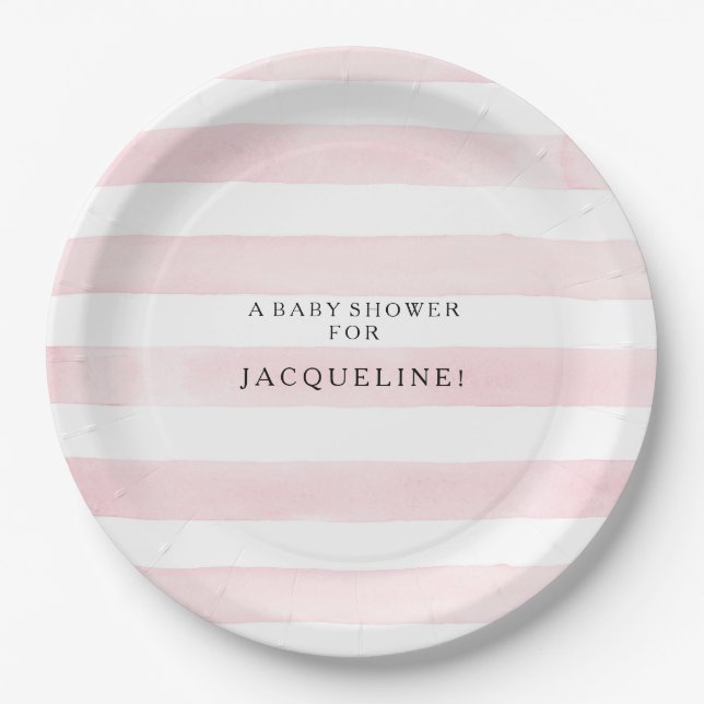 Simple Modern Watercolor Pink and White Stripes  Paper Plate (Front)